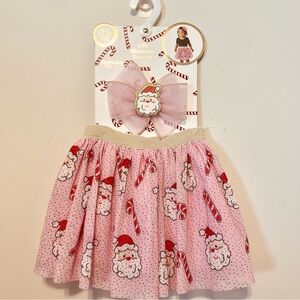 Little Me Christmas 2 pc Set Pink Tutu Skirt  Santa Print& Head Bow 3 + yrs. NWT